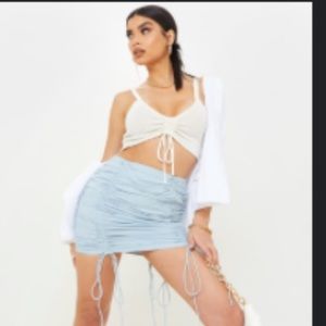 Blue Linen Look Ruched Detailing Mini Skirt